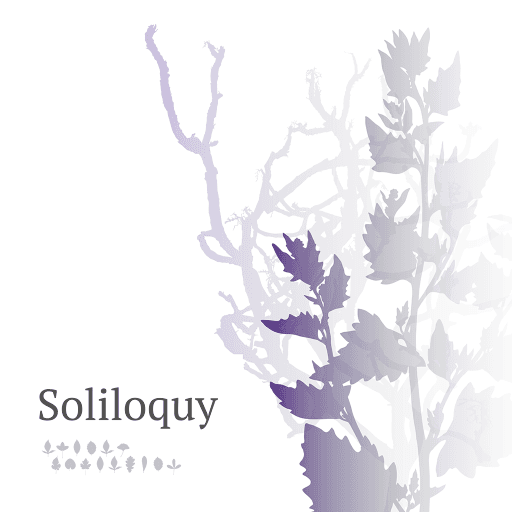 Album cover with faded purple botanical art—leafy plants, bare branches, and ‘Soliloquy’ in serif font with leaf icons.
